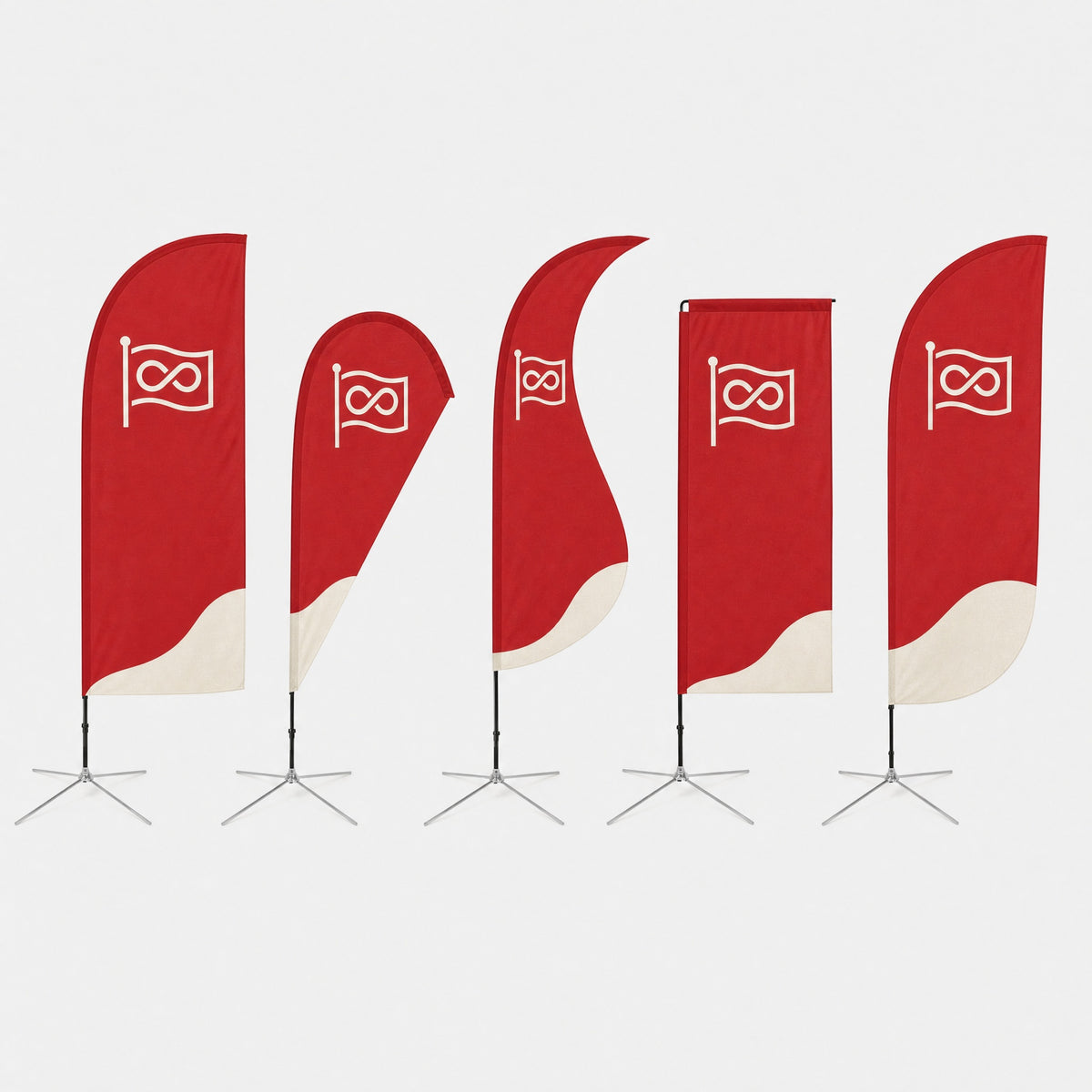 Die Beachflag-Formen nebeneinander: Straight, Drop, Wave, Square und Convex, jede auf einem Kreuzfuß