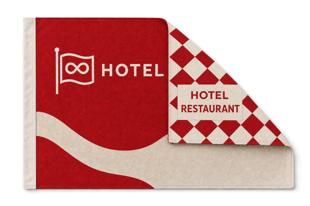 Beidseitige Fahne mit umgeschlagener Ecke: die Vorderseite ist rot mit Logo und Welle, unter dem Umschlag kommt ein völlig anderes Motiv zum Vorschein — ein rot-cremefarbenes Rautenmuster mit HOTEL RESTAURANT. Jede Seite wird separat bedruckt und ist von beiden Seiten normal lesbar, nicht spiegelverkehrt