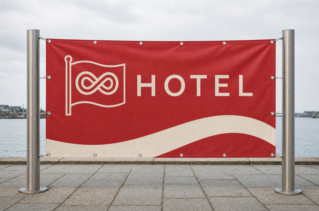 Banner mit eigenem Design, straff zwischen zwei Stahlpfosten gespannt, mit Ösen ringsum